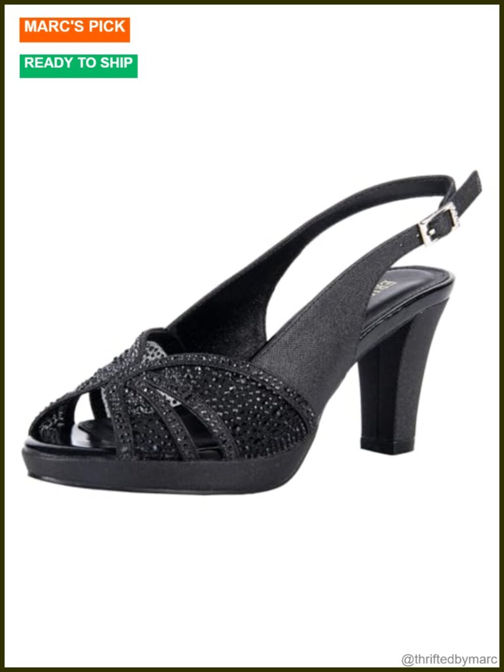 Slingback Mid Heel Platform Sandals Rhinestone Block Heels Peep Toe